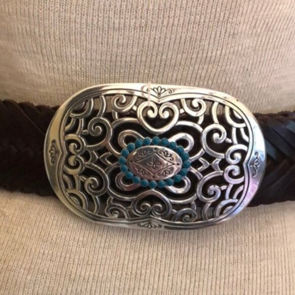 Brighton Accessories - Brighton Brown Belt with Silver and Blue Buckle
